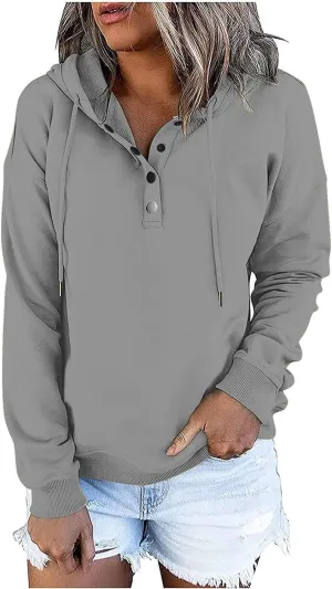 Womens Casual Button Down Hoodie Sweatshirts Fall Fashion 2023 Outfits Long Sleeve Comfy Solid Pullover Hoodies