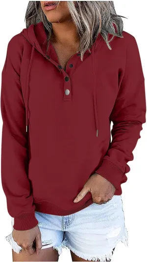 Womens Casual Button Down Hoodie Sweatshirts Fall Fashion 2023 Outfits Long Sleeve Comfy Solid Pullover Hoodies