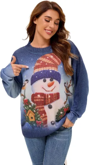 Womens Christmas Sweater Graphic Oversized Pullover Sweaters Casual Loose Long Sleeve Knit Sweater for Women