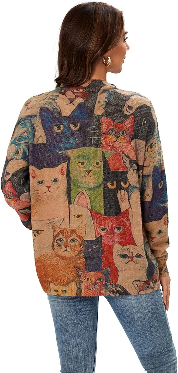 Womens Christmas Sweater Graphic Oversized Pullover Sweaters Casual Loose Long Sleeve Knit Sweater for Women