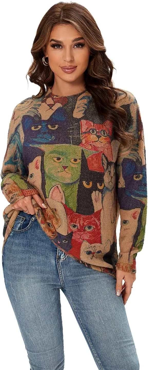 Womens Christmas Sweater Graphic Oversized Pullover Sweaters Casual Loose Long Sleeve Knit Sweater for Women