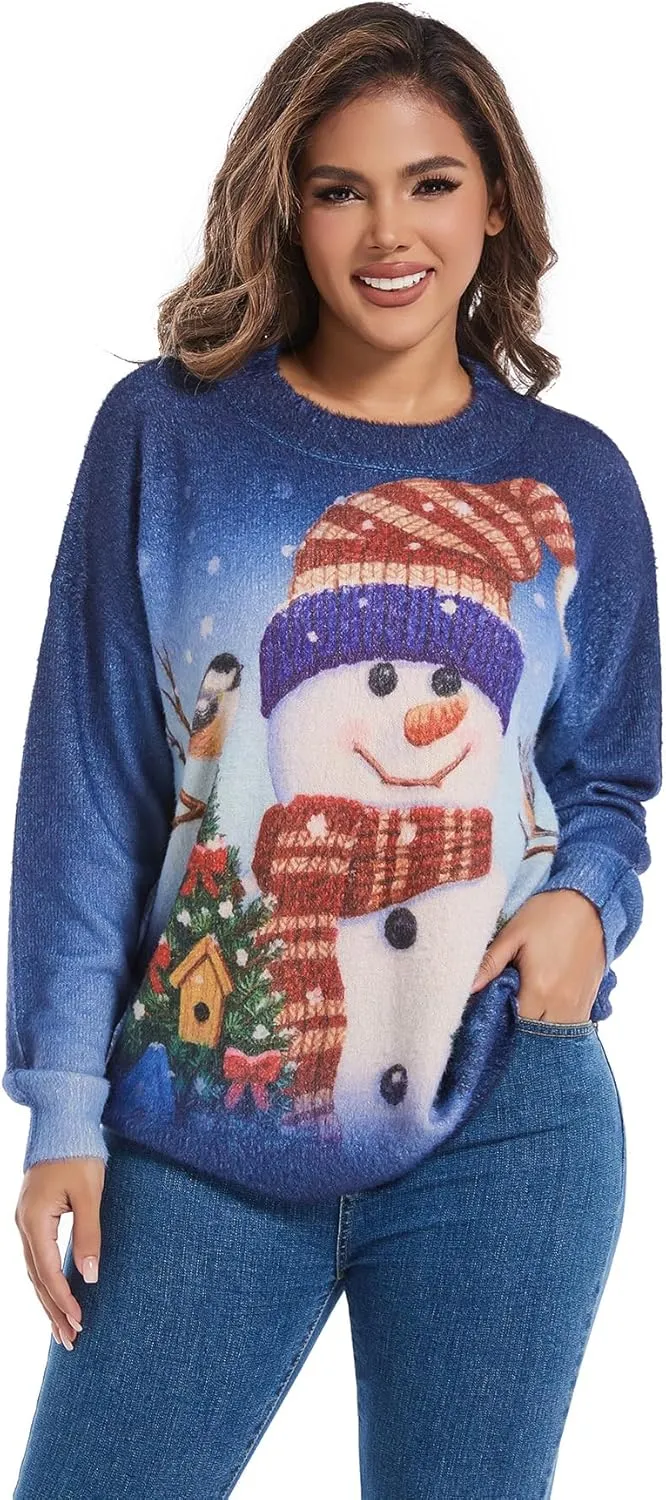 Womens Christmas Sweater Graphic Oversized Pullover Sweaters Casual Loose Long Sleeve Knit Sweater for Women
