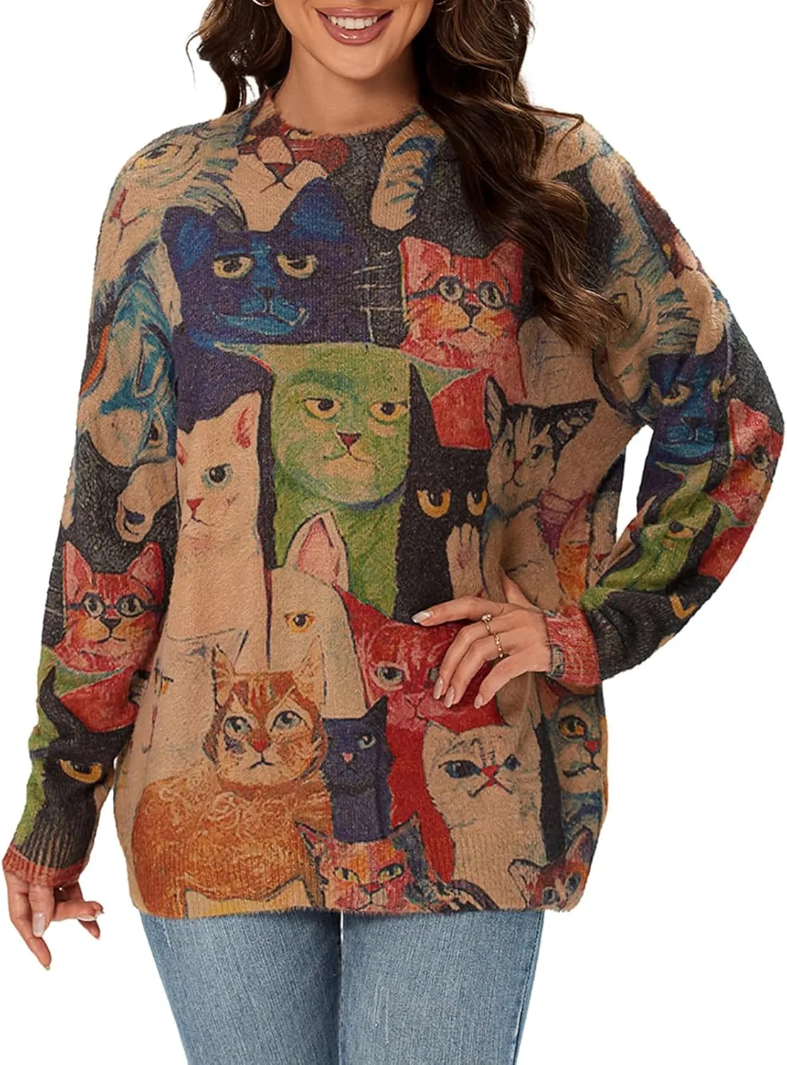 Womens Christmas Sweater Graphic Oversized Pullover Sweaters Casual Loose Long Sleeve Knit Sweater for Women
