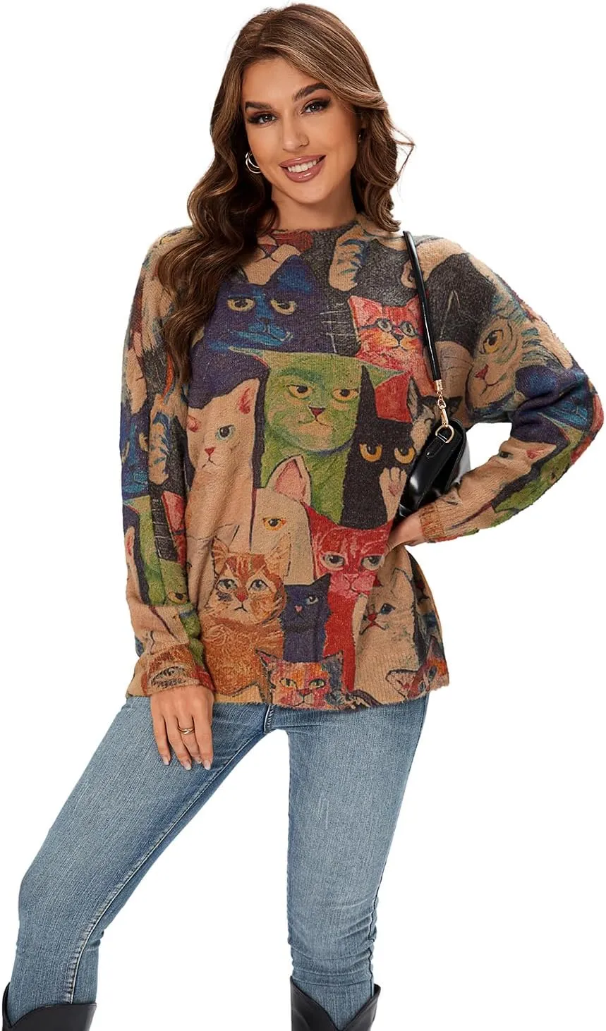Womens Christmas Sweater Graphic Oversized Pullover Sweaters Casual Loose Long Sleeve Knit Sweater for Women