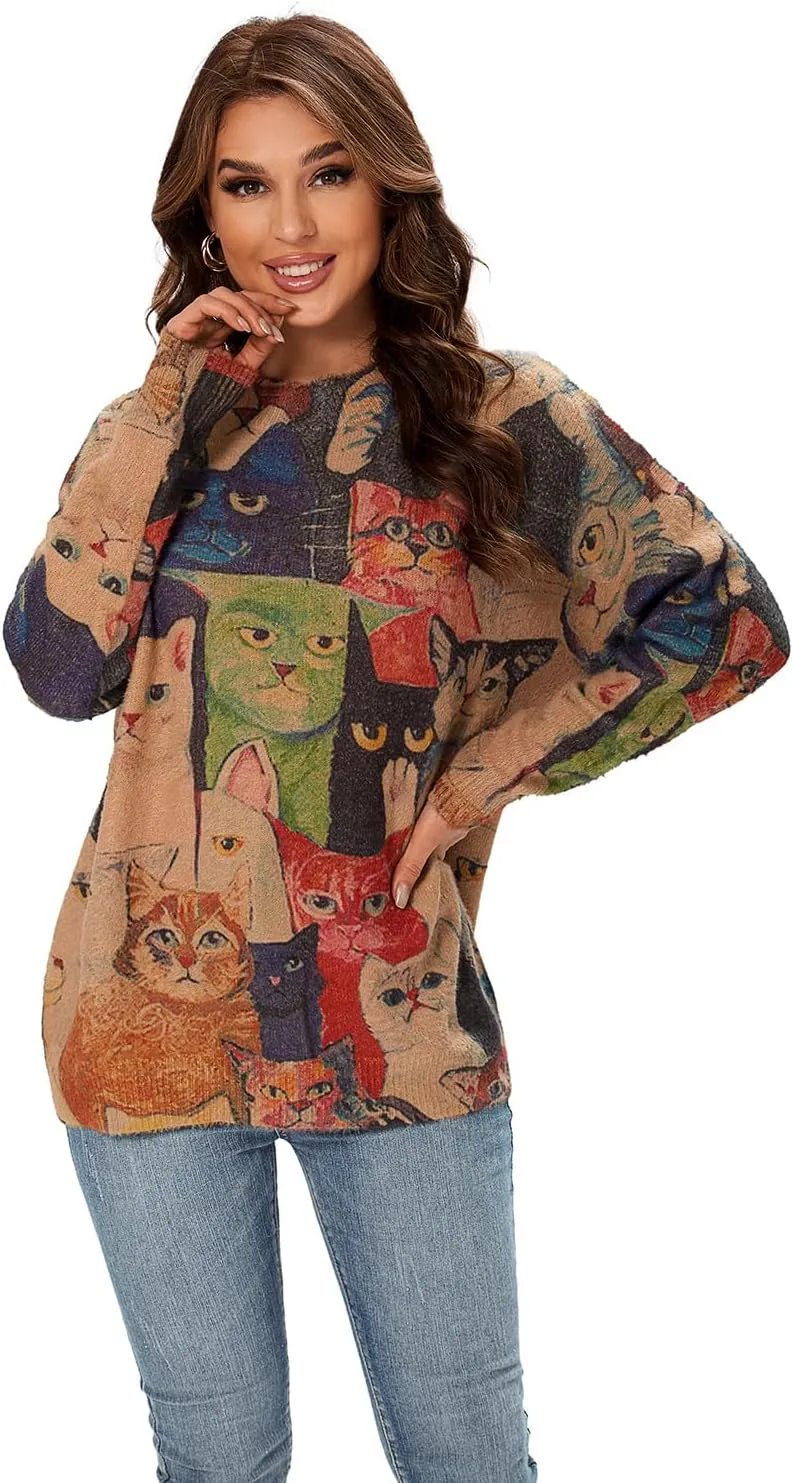 Womens Christmas Sweater Graphic Oversized Pullover Sweaters Casual Loose Long Sleeve Knit Sweater for Women