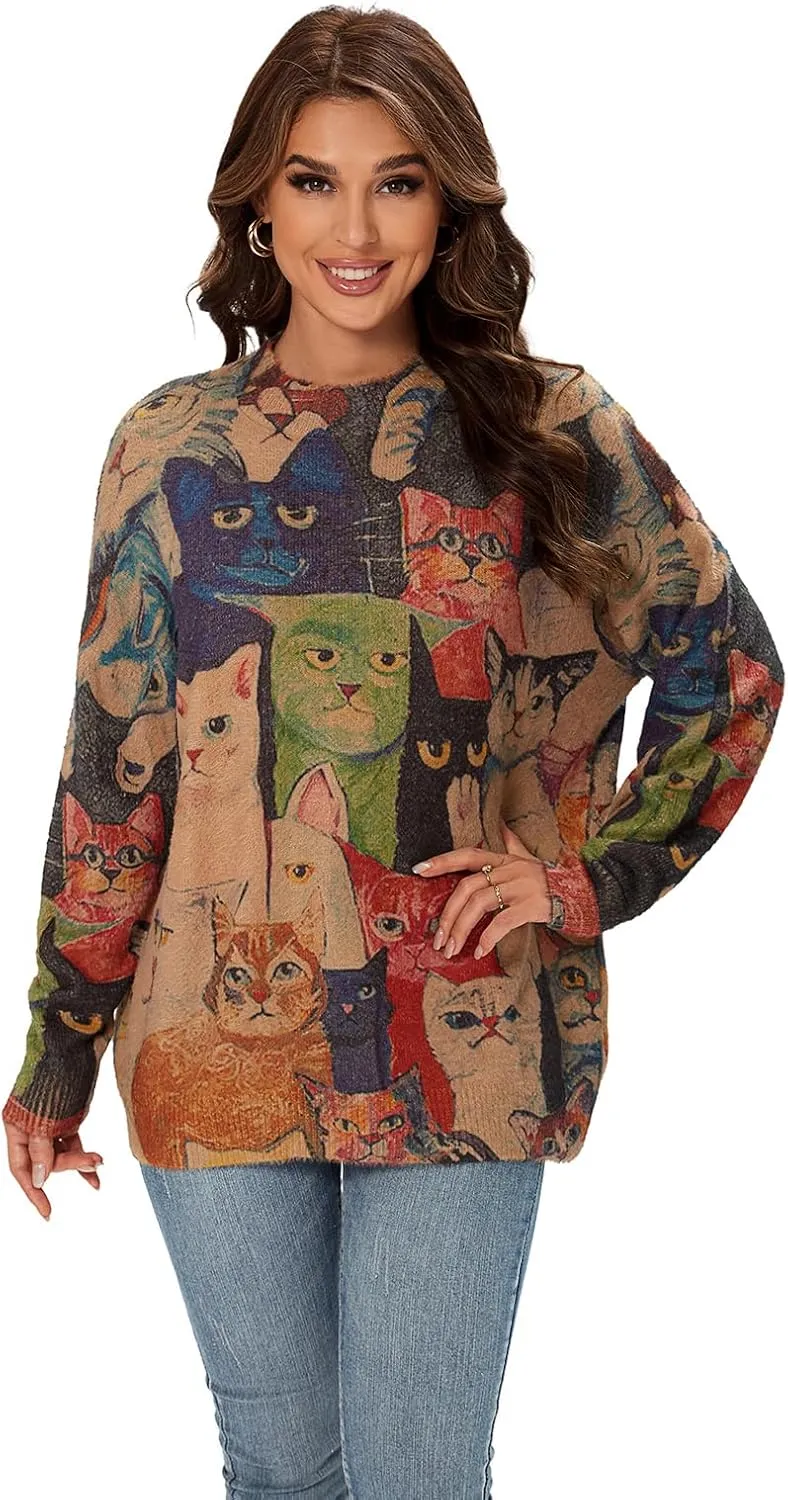 Womens Christmas Sweater Graphic Oversized Pullover Sweaters Casual Loose Long Sleeve Knit Sweater for Women