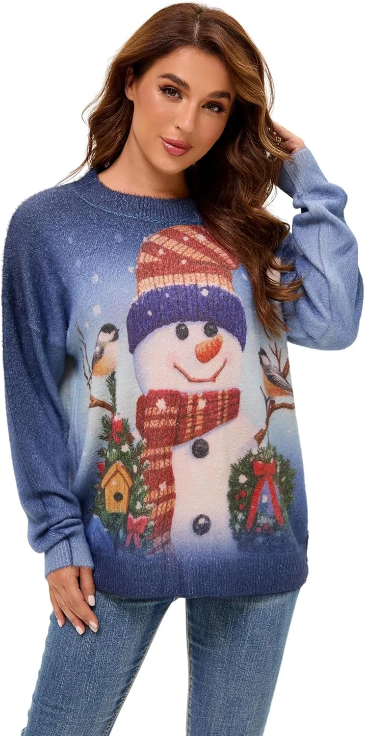 Womens Christmas Sweater Graphic Oversized Pullover Sweaters Casual Loose Long Sleeve Knit Sweater for Women