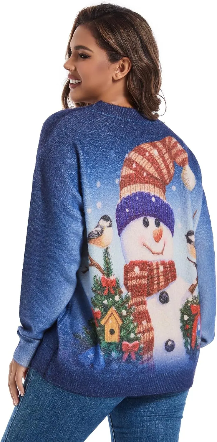 Womens Christmas Sweater Graphic Oversized Pullover Sweaters Casual Loose Long Sleeve Knit Sweater for Women