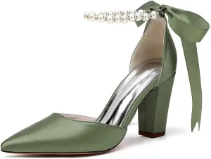 Women's Chunky Block Heel Wedding Shoes for Bride Satin Pearls Ankle Strap Evening Dressy Pumps