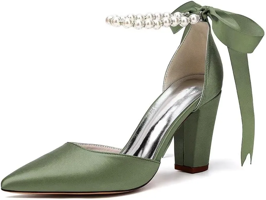 Women's Chunky Block Heel Wedding Shoes for Bride Satin Pearls Ankle Strap Evening Dressy Pumps