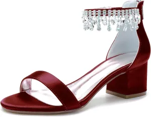 Women's Crystal Satin Wedding Shoes for Bride Low Heels Comfortable Bridal Shoes White Block Heels Chunky Formal Evening Party Prom Sandals Pumps