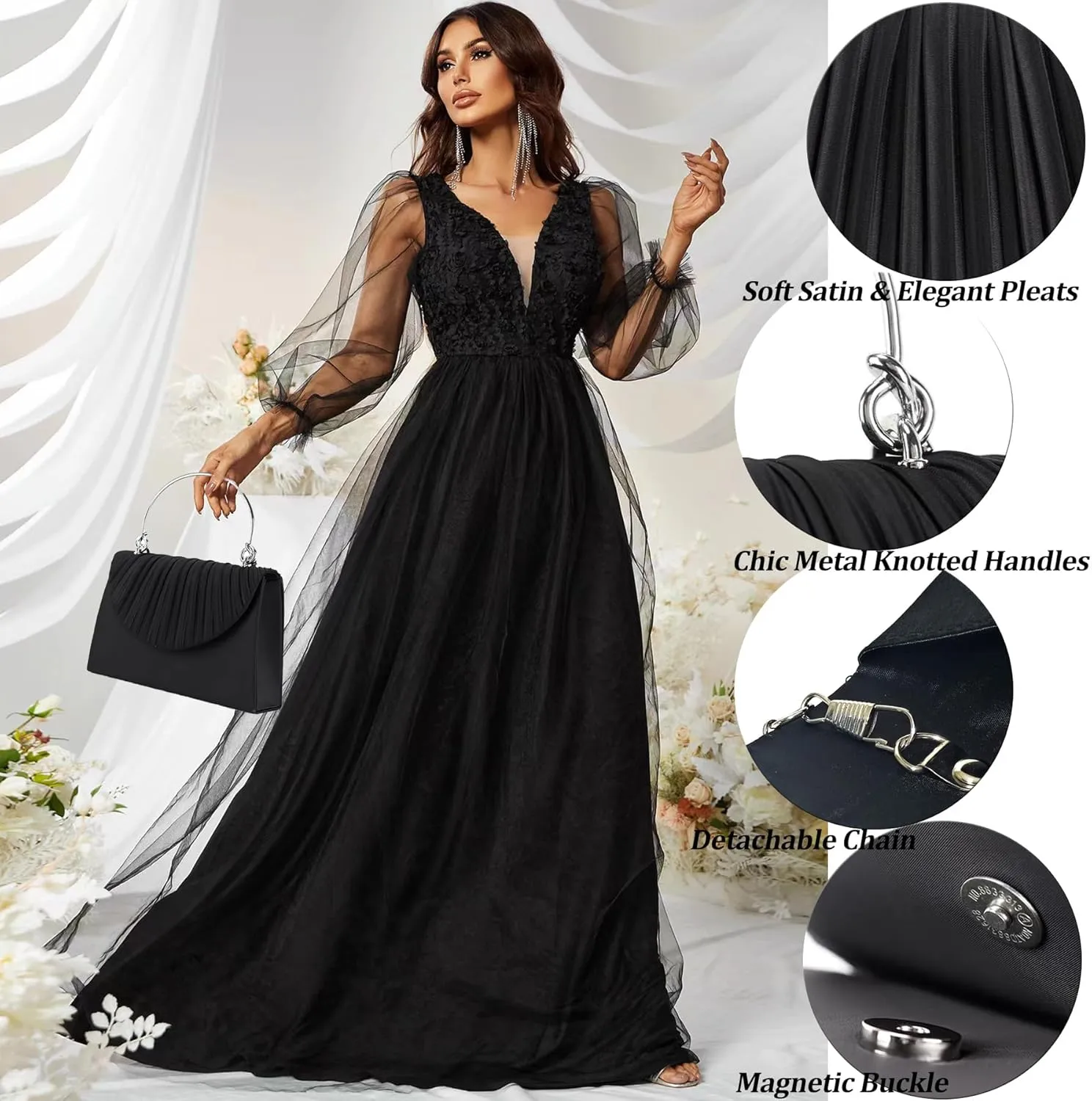 Women's Evening Handbags, Elegant Pleated Clutch Purse for Formal Prom Tea Party Wedding guest Cocktail Night Date
