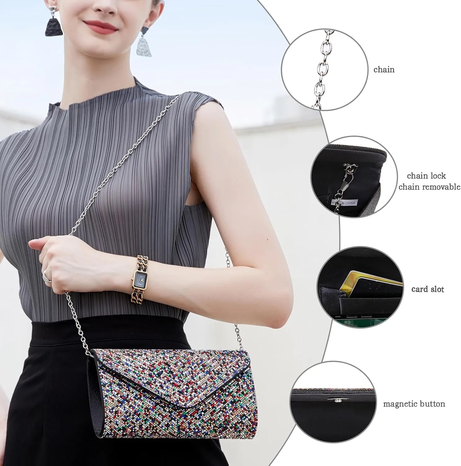 Women's Evening Handbags Envelope Clutch Purses Ladies Crossbody Bags Rhinestone Wedding Bag Shoulder Bag for Women