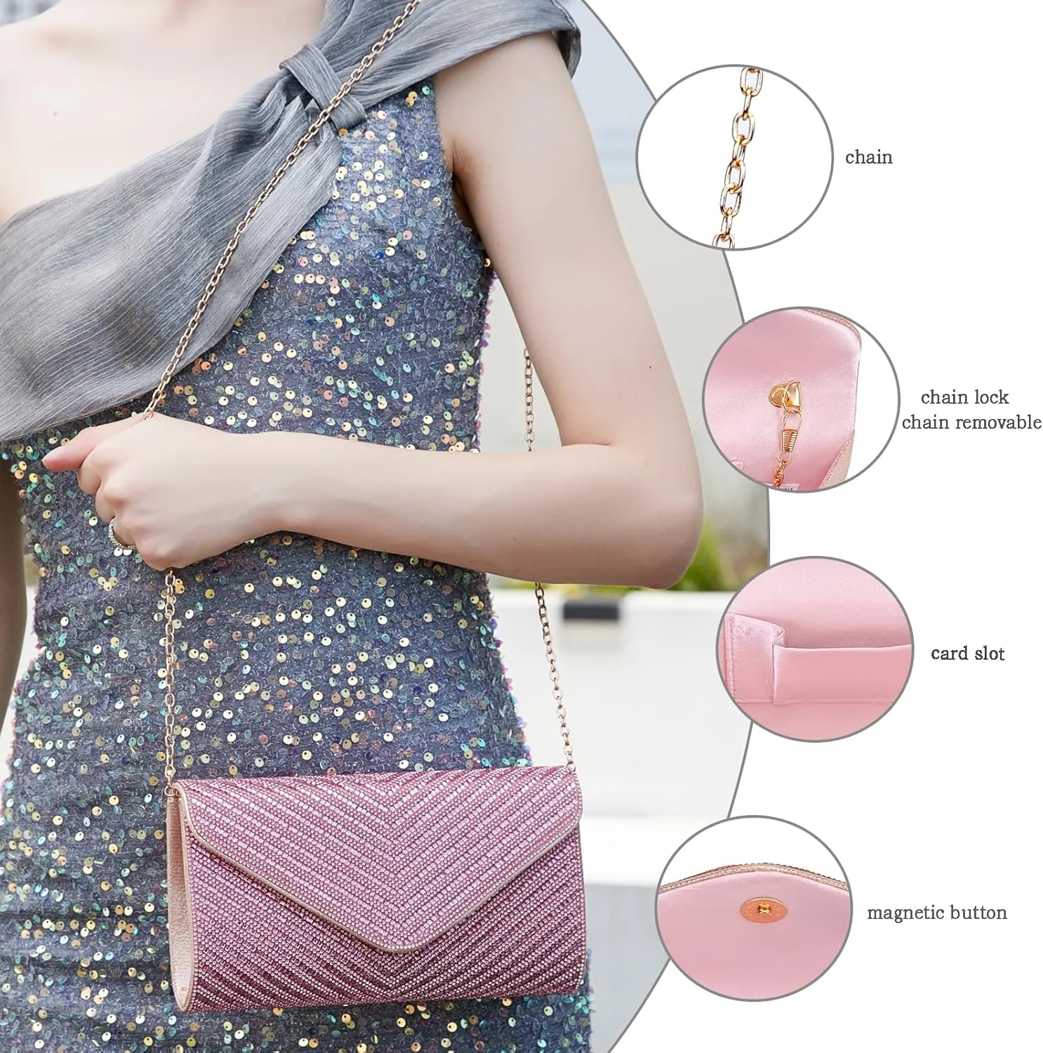 Women's Evening Handbags Envelope Clutch Purses Ladies Crossbody Bags Rhinestone Wedding Bag Shoulder Bag for Women