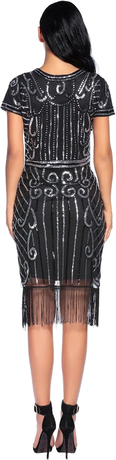 Women's Flapper Dress 1920s Gatsby Sequin Fringe Short Sleeve Cocktail Dresses