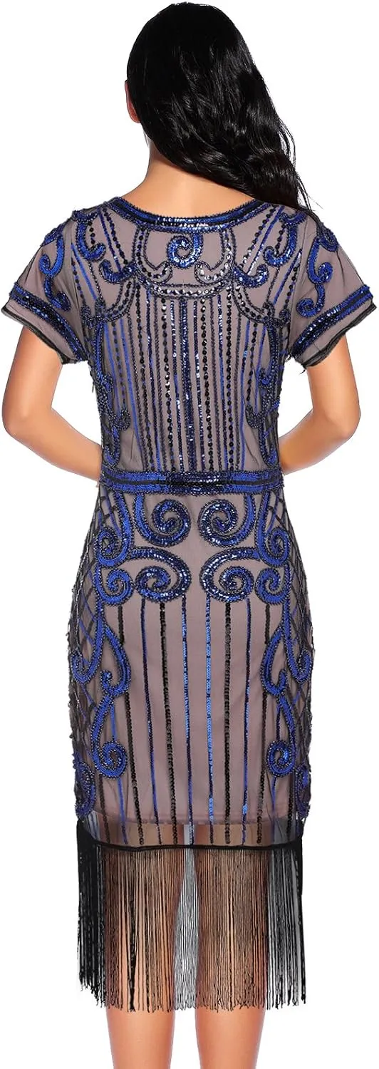 Women's Flapper Dress 1920s Gatsby Sequin Fringe Short Sleeve Cocktail Dresses