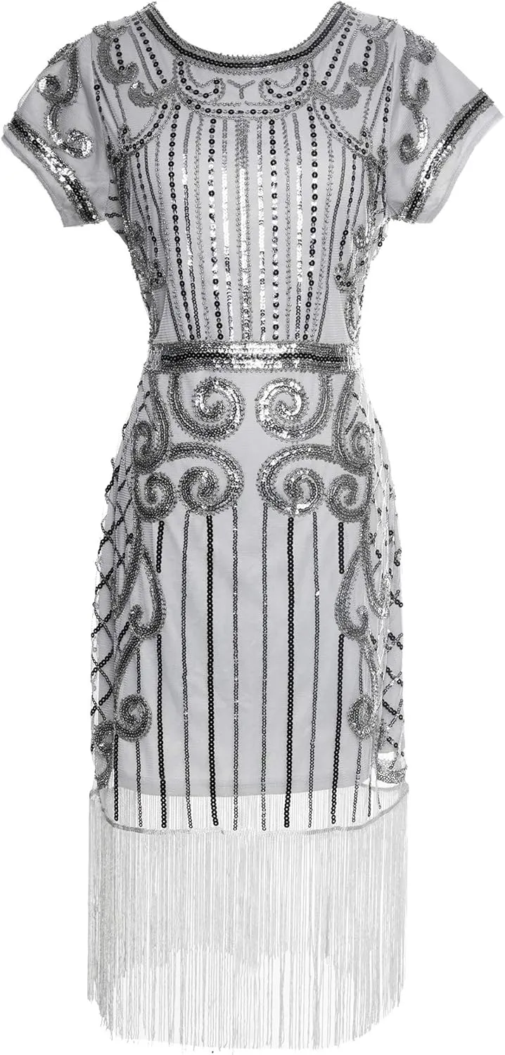 Women's Flapper Dress 1920s Gatsby Sequin Fringe Short Sleeve Cocktail Dresses