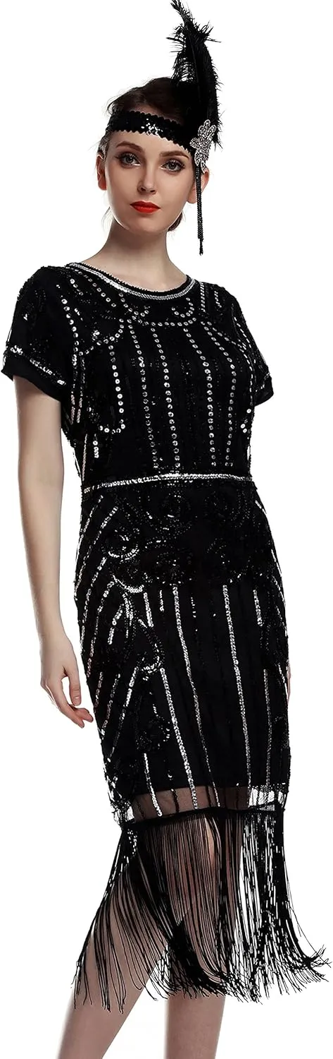 Women's Flapper Dress 1920s Gatsby Sequin Fringe Short Sleeve Cocktail Dresses