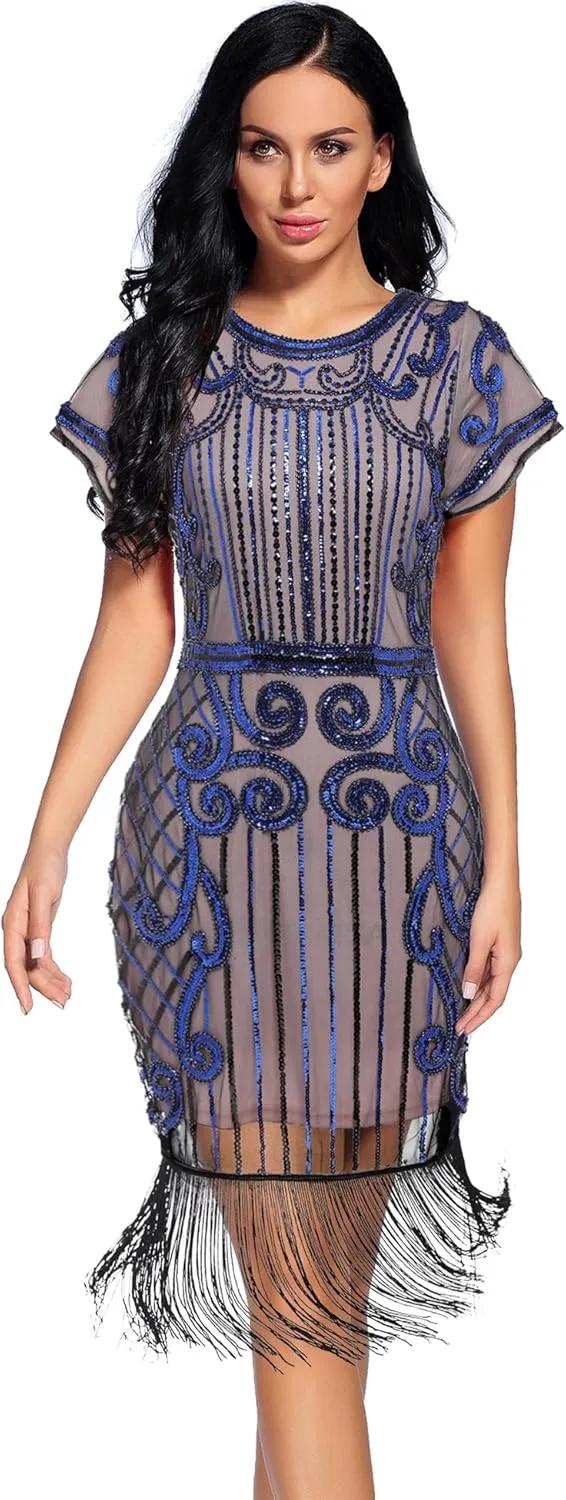 Women's Flapper Dress 1920s Gatsby Sequin Fringe Short Sleeve Cocktail Dresses