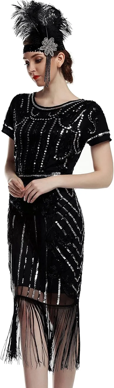 Women's Flapper Dress 1920s Gatsby Sequin Fringe Short Sleeve Cocktail Dresses