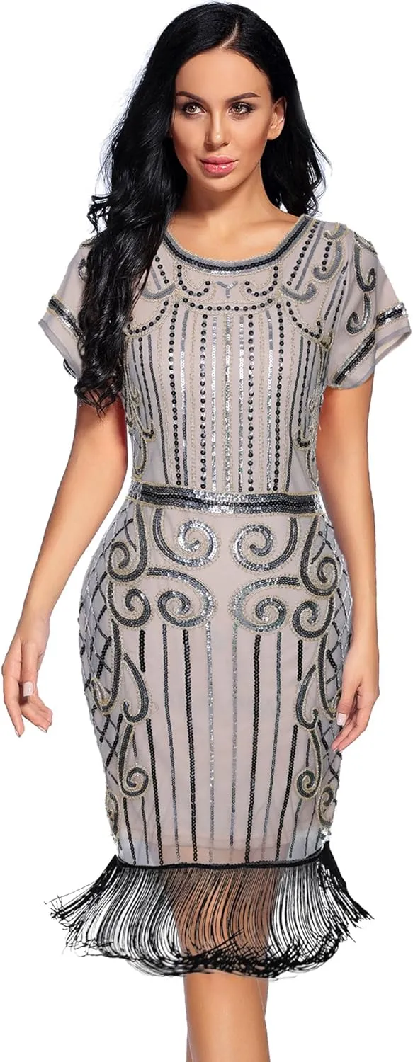 Women's Flapper Dress 1920s Gatsby Sequin Fringe Short Sleeve Cocktail Dresses