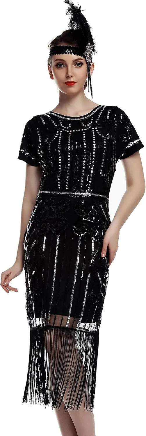 Women's Flapper Dress 1920s Gatsby Sequin Fringe Short Sleeve Cocktail Dresses