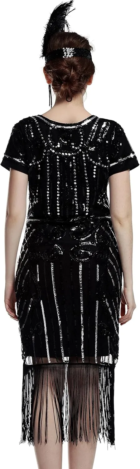 Women's Flapper Dress 1920s Gatsby Sequin Fringe Short Sleeve Cocktail Dresses