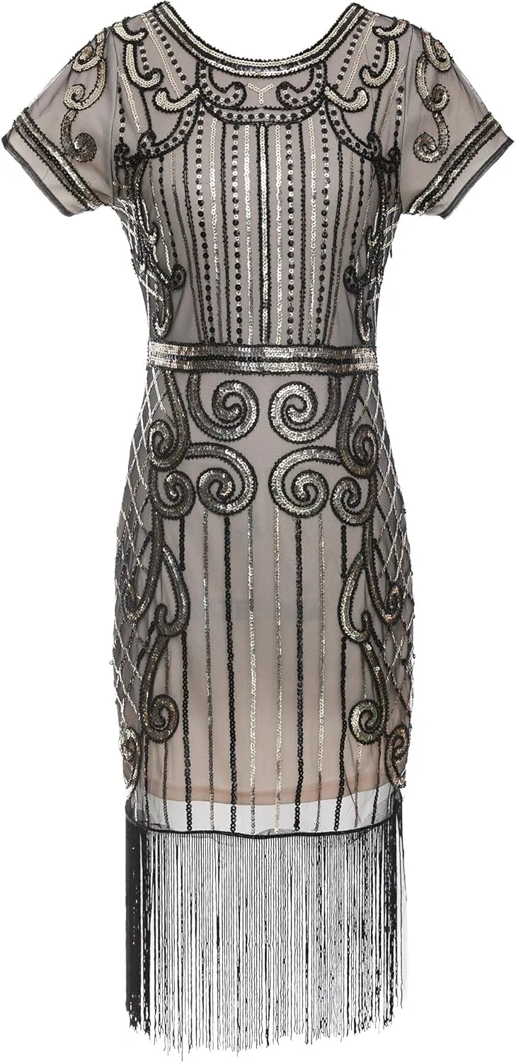 Women's Flapper Dress 1920s Gatsby Sequin Fringe Short Sleeve Cocktail Dresses