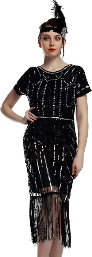 Women's Flapper Dress 1920s Gatsby Sequin Fringe Short Sleeve Cocktail Dresses