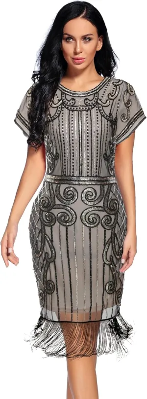 Women's Flapper Dress 1920s Gatsby Sequin Fringe Short Sleeve Cocktail Dresses