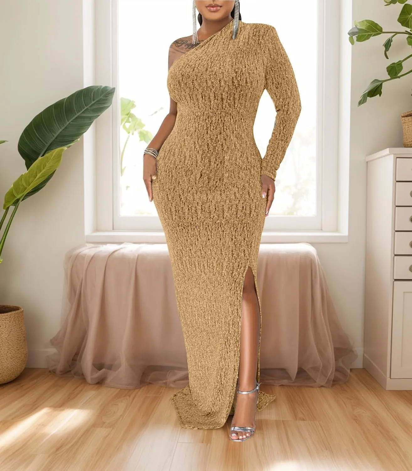 Women's Formal Dresses Elegant Long Sleeve Evening Party Dress Sexy One Shoulder High Split Cocktail Gowns
