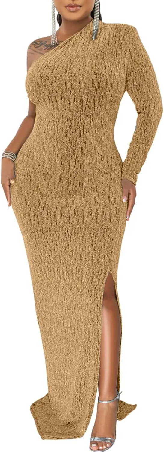 Women's Formal Dresses Elegant Long Sleeve Evening Party Dress Sexy One Shoulder High Split Cocktail Gowns