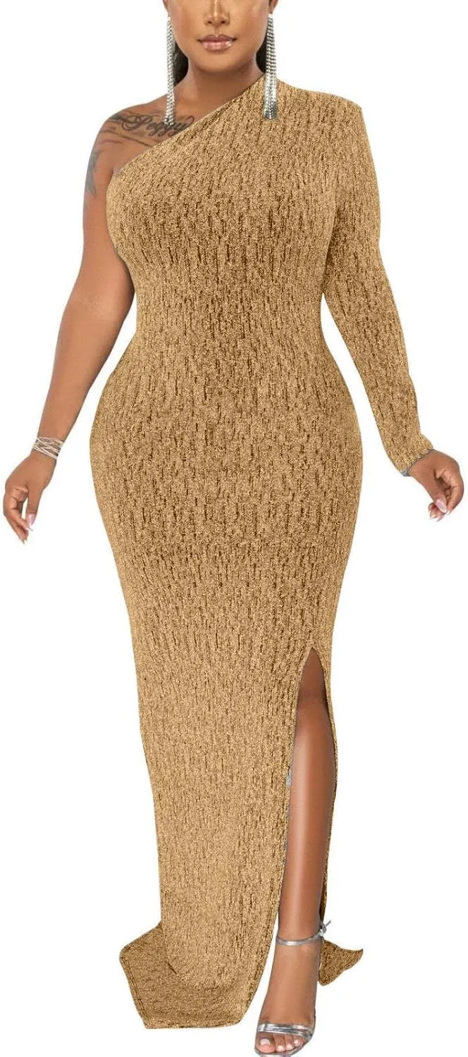 Women's Formal Dresses Elegant Long Sleeve Evening Party Dress Sexy One Shoulder High Split Cocktail Gowns