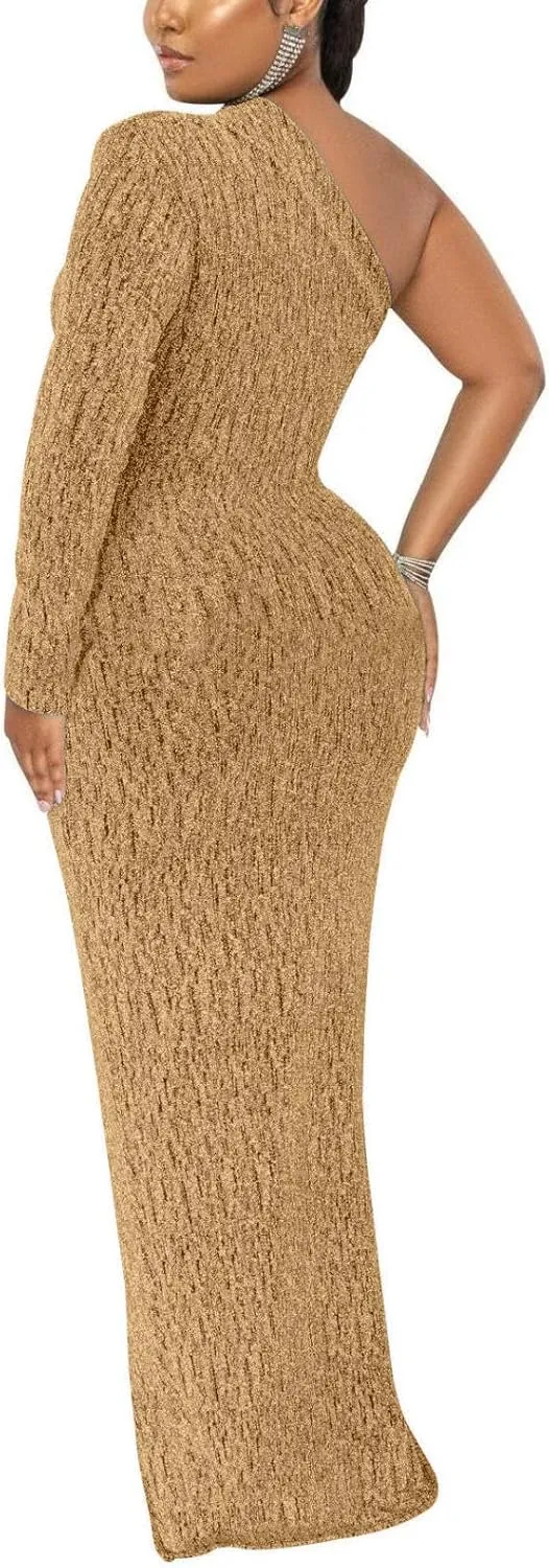 Women's Formal Dresses Elegant Long Sleeve Evening Party Dress Sexy One Shoulder High Split Cocktail Gowns