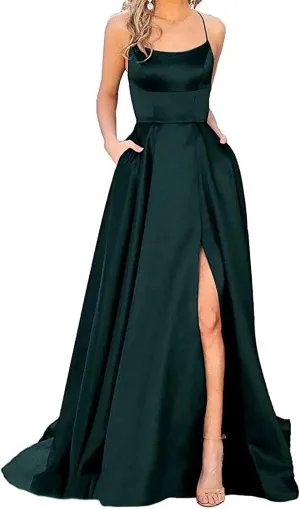 Women's Halter Prom Dresses Long Side Spilt Backless Satin Formal Evening Gowns with Pockets Dark Green Size4