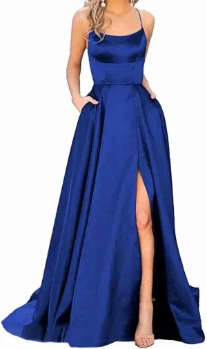 Women's Halter Prom Dresses Long Side Spilt Backless Satin Formal Evening Gowns with Pockets Royal Blue Size12
