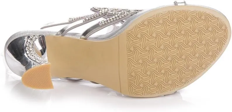 Women's Handmade Rhinestones Crystal Butterfly Pattern Heel Evening Bridal Wedding Prom Sandals Heeled 2.5 cm