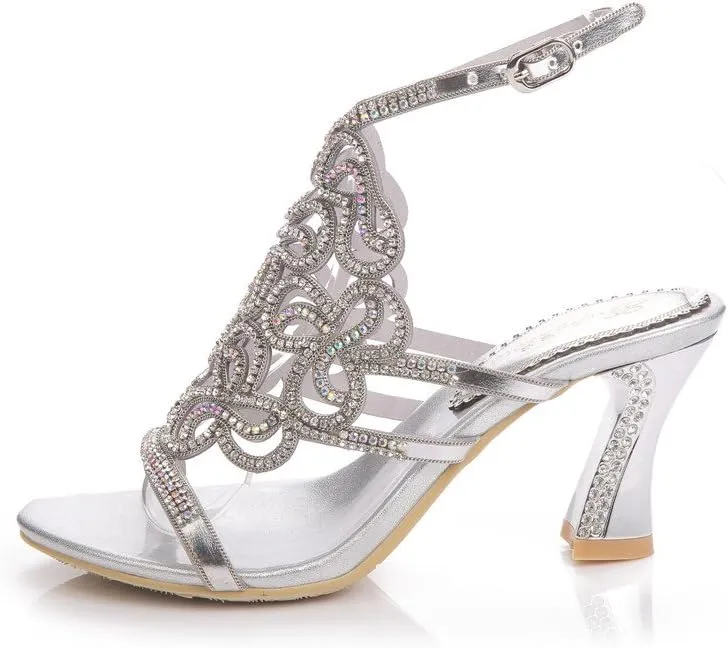 Women's Handmade Rhinestones Crystal Butterfly Pattern Heel Evening Bridal Wedding Prom Sandals Heeled 2.5 cm