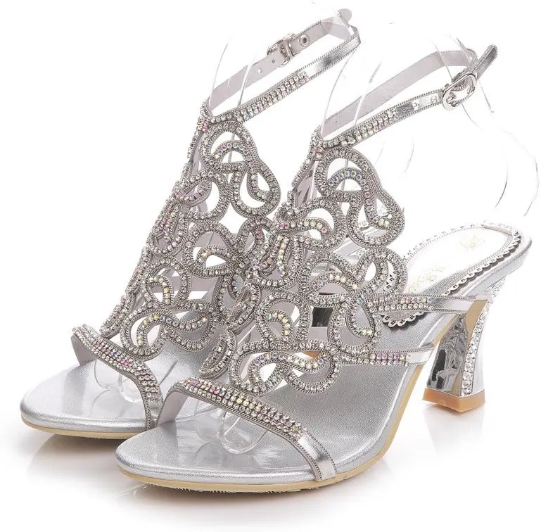 Women's Handmade Rhinestones Crystal Butterfly Pattern Heel Evening Bridal Wedding Prom Sandals Heeled 2.5 cm