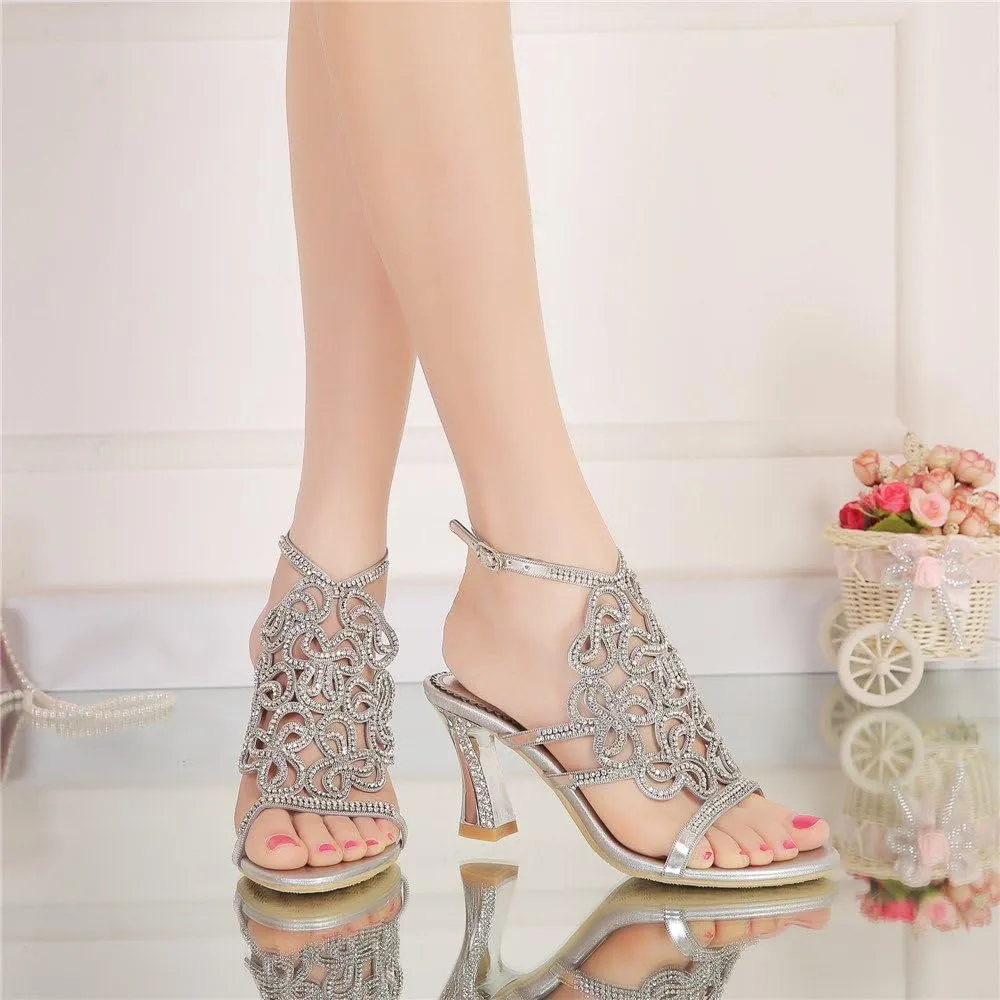 Women's Handmade Rhinestones Crystal Butterfly Pattern Heel Evening Bridal Wedding Prom Sandals Heeled 2.5 cm