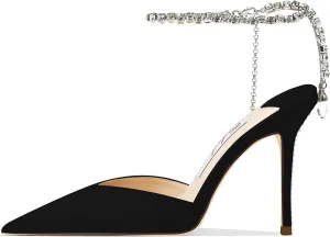 Women's Heeled Sandals Crystal Chain Ankle Straps Rhinestones Buckle High Heels Stiletto Slip On Wedding Party Satin Dress Shoes 3.9 IN
