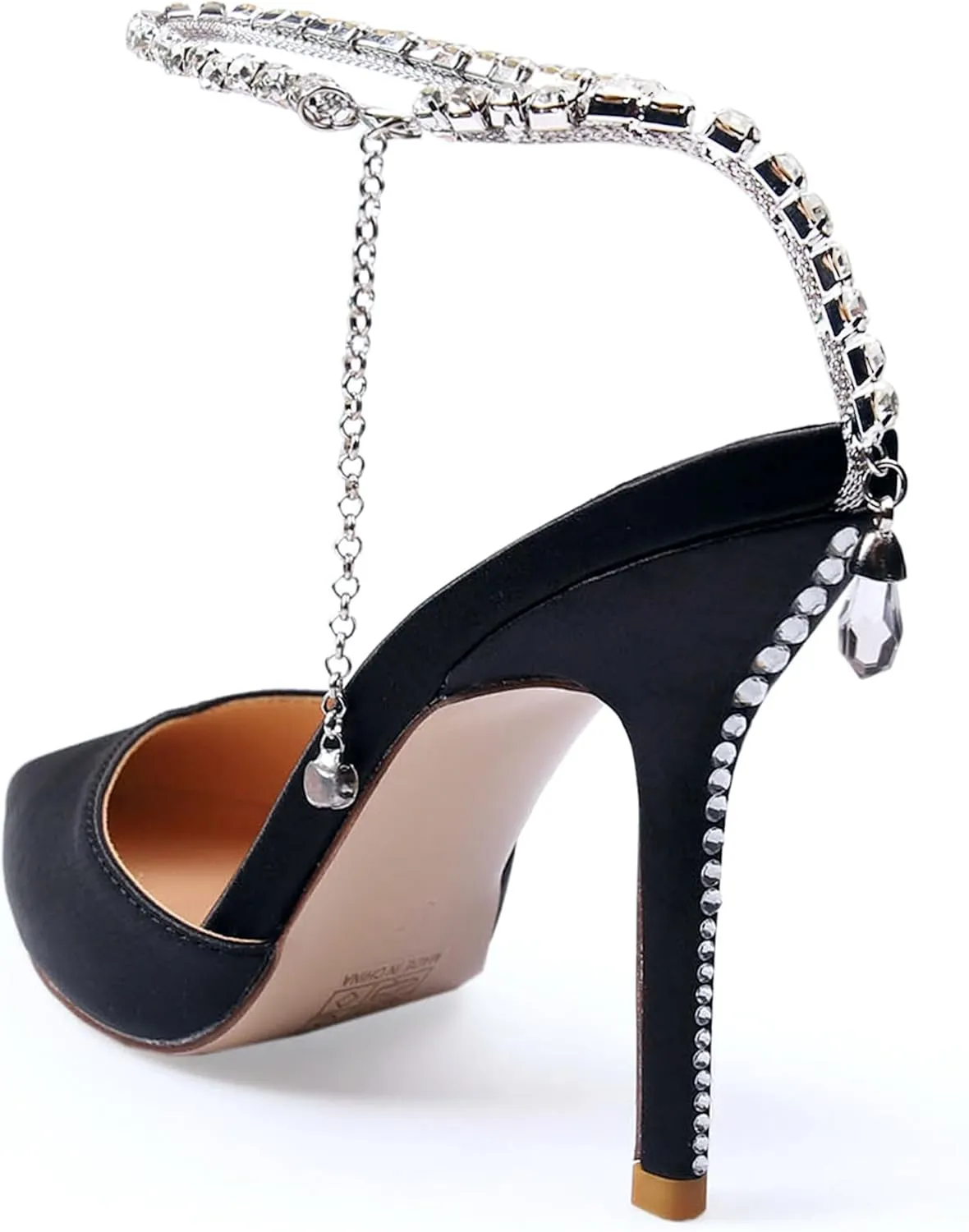 Women's Heeled Sandals Crystal Chain Ankle Straps Rhinestones Buckle High Heels Stiletto Slip On Wedding Party Satin Dress Shoes 3.9 IN