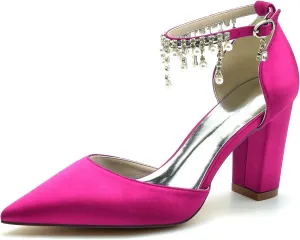 Women's High Block Heel Closed Toe Wedding Heel for Bride Chunky Satin Pumps with Pearls Prom Evening Dress Dance Shoes
