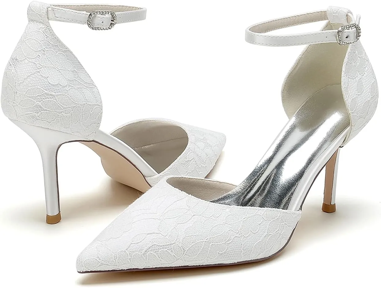 Women's High Heel Dress Pumps Lace Pointed Toe Stiletto Wedding Party Evening Shoes