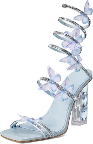 Womens Lace Up Sandals Square Open Toe Chunky High Heels Rhinestone Strappy High Block Heel Sandals Sparkly Dress Party Wedding Shoes