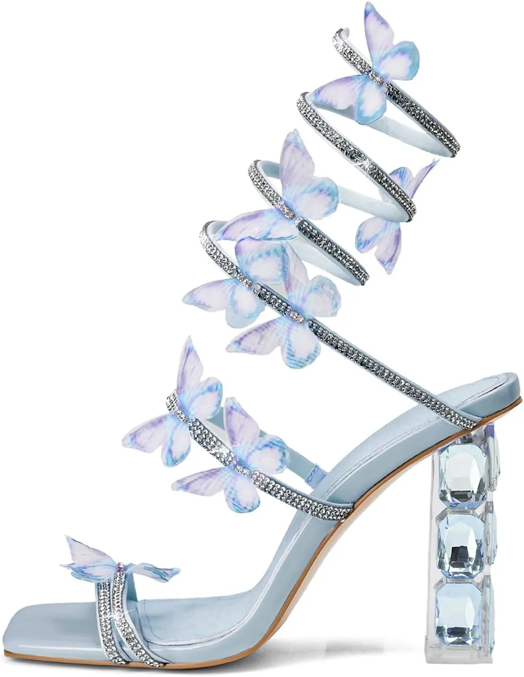 Womens Lace Up Sandals Square Open Toe Chunky High Heels Rhinestone Strappy High Block Heel Sandals Sparkly Dress Party Wedding Shoes