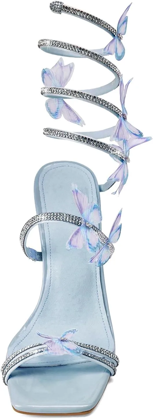Womens Lace Up Sandals Square Open Toe Chunky High Heels Rhinestone Strappy High Block Heel Sandals Sparkly Dress Party Wedding Shoes