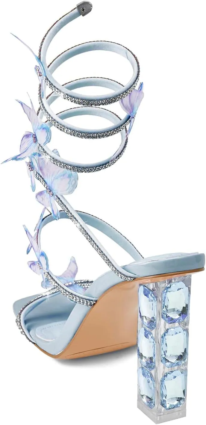 Womens Lace Up Sandals Square Open Toe Chunky High Heels Rhinestone Strappy High Block Heel Sandals Sparkly Dress Party Wedding Shoes