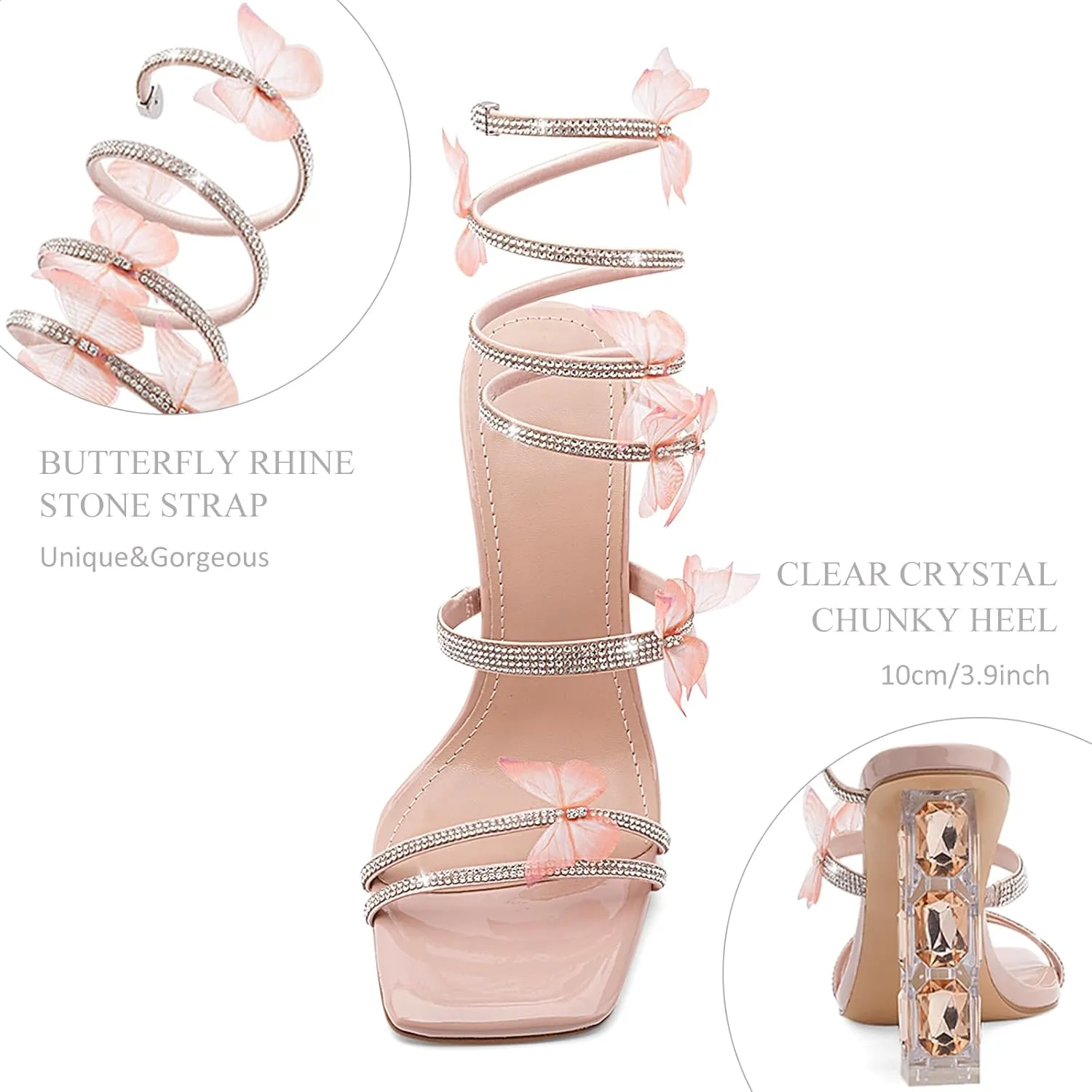 Womens Lace Up Sandals Square Open Toe Chunky High Heels Rhinestone Strappy High Block Heel Sandals Sparkly Dress Party Wedding Shoes
