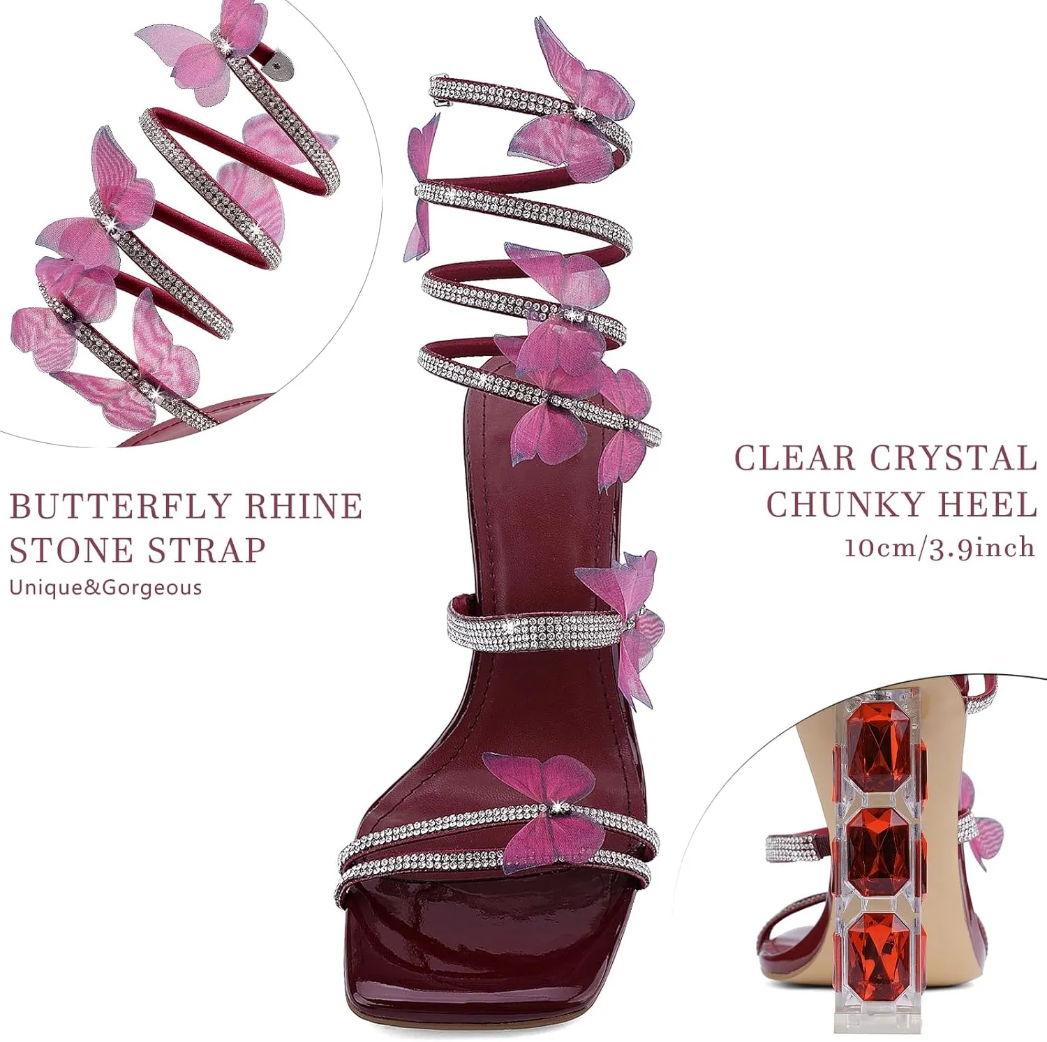 Womens Lace Up Sandals Square Open Toe Chunky High Heels Rhinestone Strappy High Block Heel Sandals Sparkly Dress Party Wedding Shoes